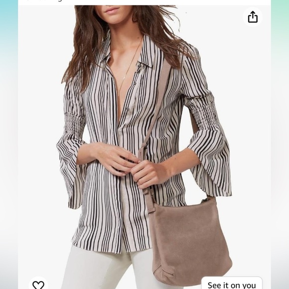 Halston Heritage Smocked Detail Bell Sleeve Striped Button Up Blouse Top XS - Picture 1 of 14